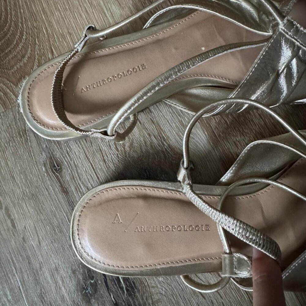 Anthropologie‎ Gold Leather Strappy Flat Sandals size women’s 9 or EU 40 - Picture 2 of 8